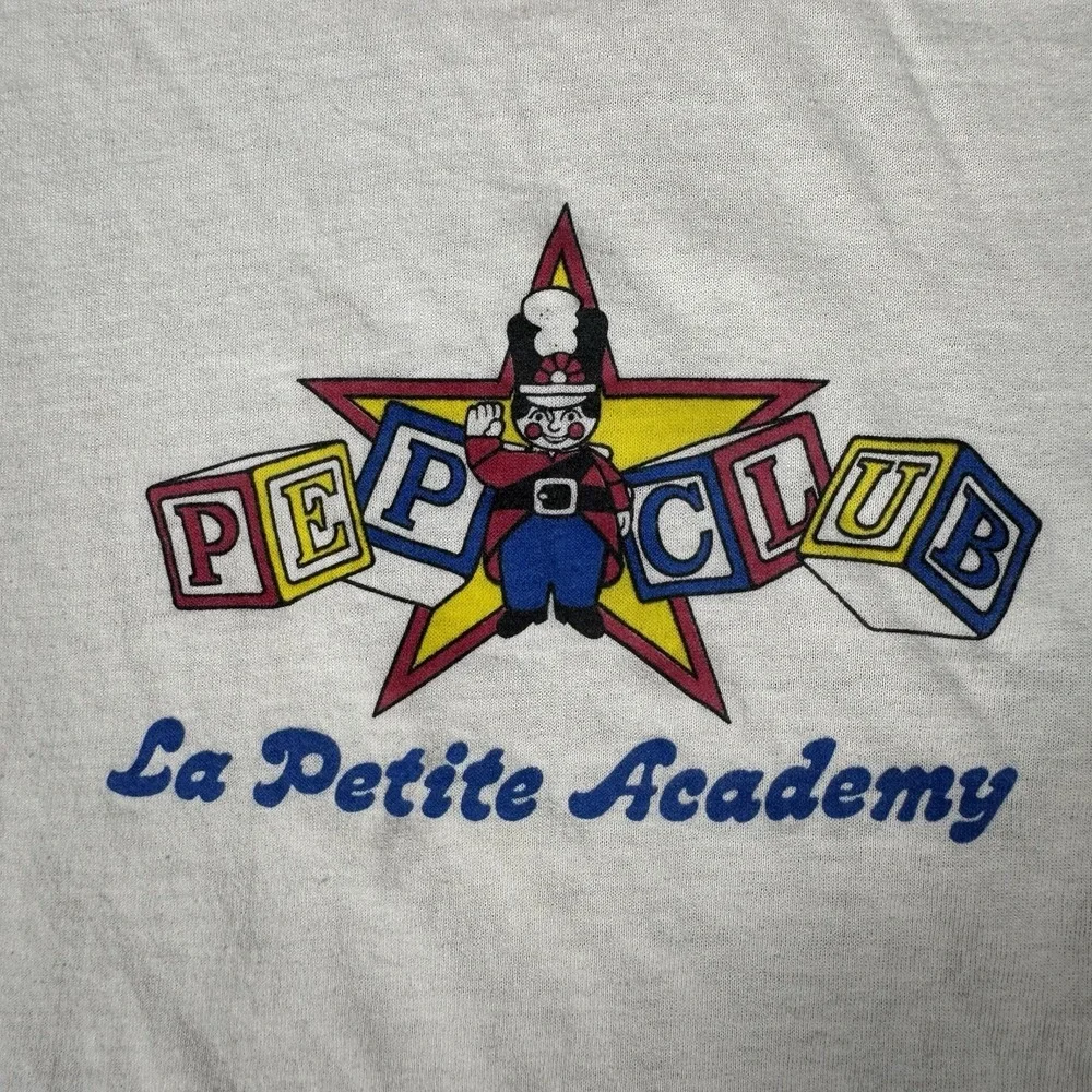 Vintage‎ 80s Kids La Petite Academy Pep Club White Red Ringer T-Shirt Small